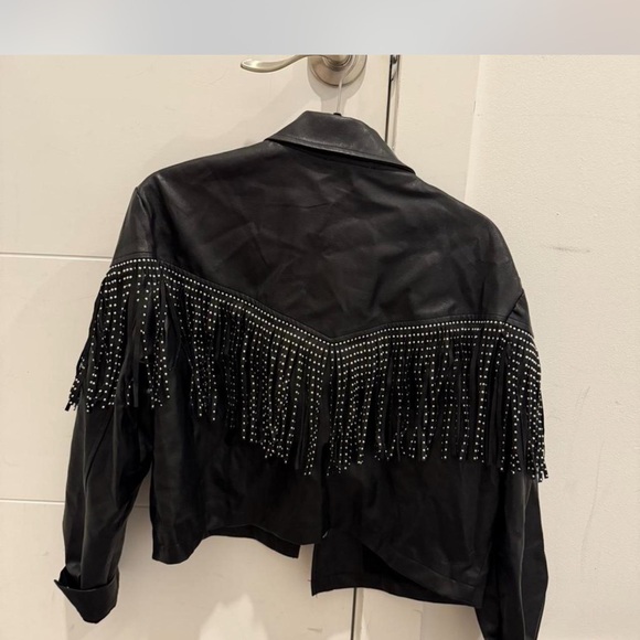 Studded Black Fringe Leather Jacket - Picture 2 of 3